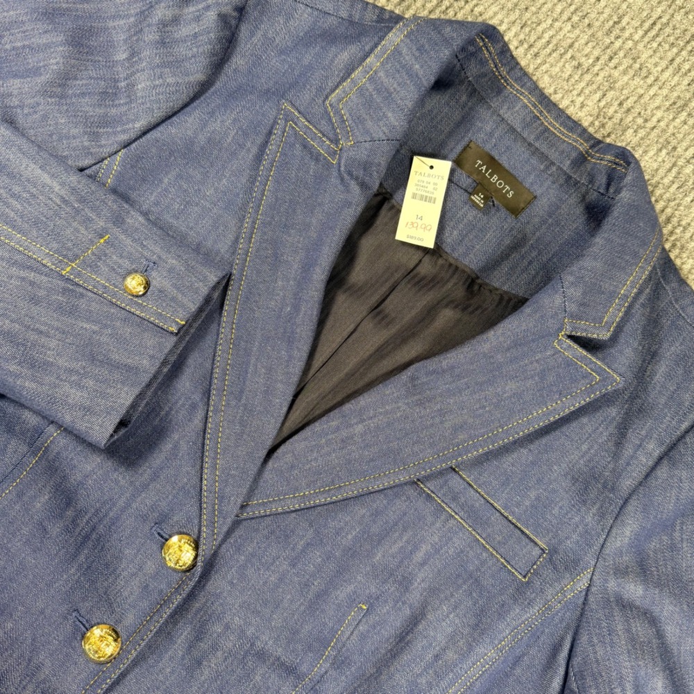 Talbots Denim Blazer Blue Gold Crest Button Tailored Jacket NWT Size 14